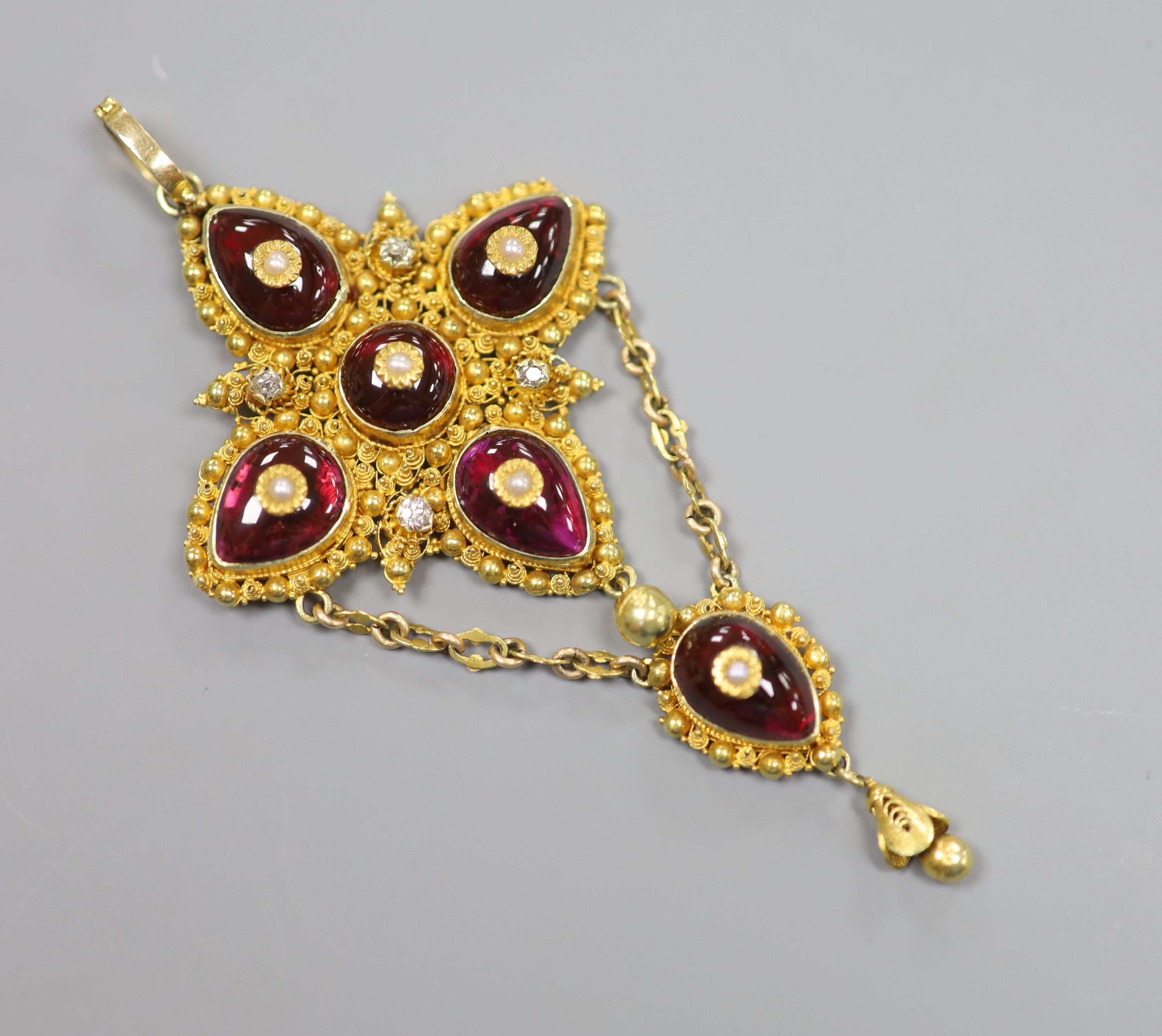 A 19th century yellow metal, foil backed garnet, seed pearl and diamond set drop pendant (adapted)